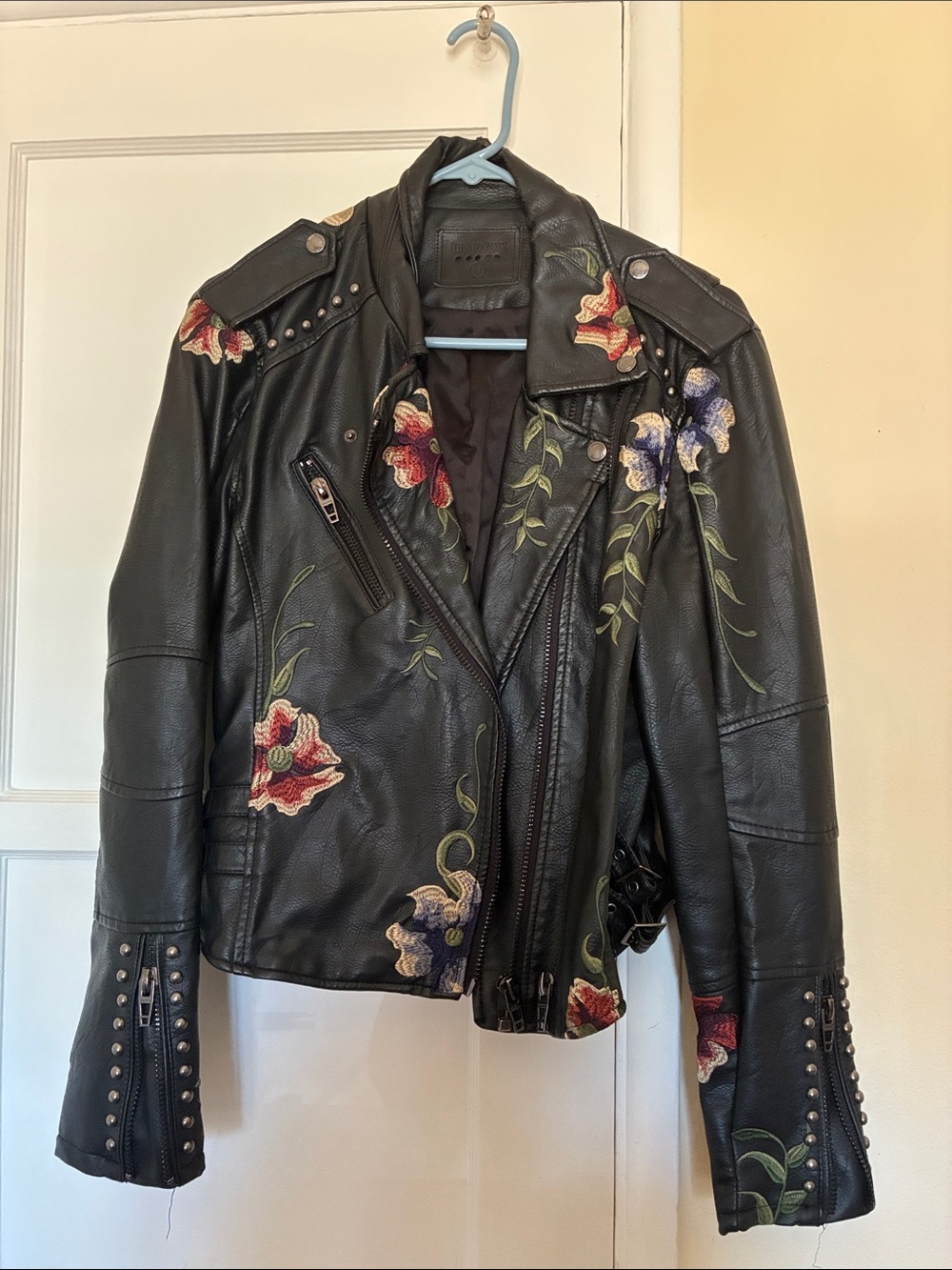 Blank NYC Women’s Black Floral Embroidered Leather Moto Jacket